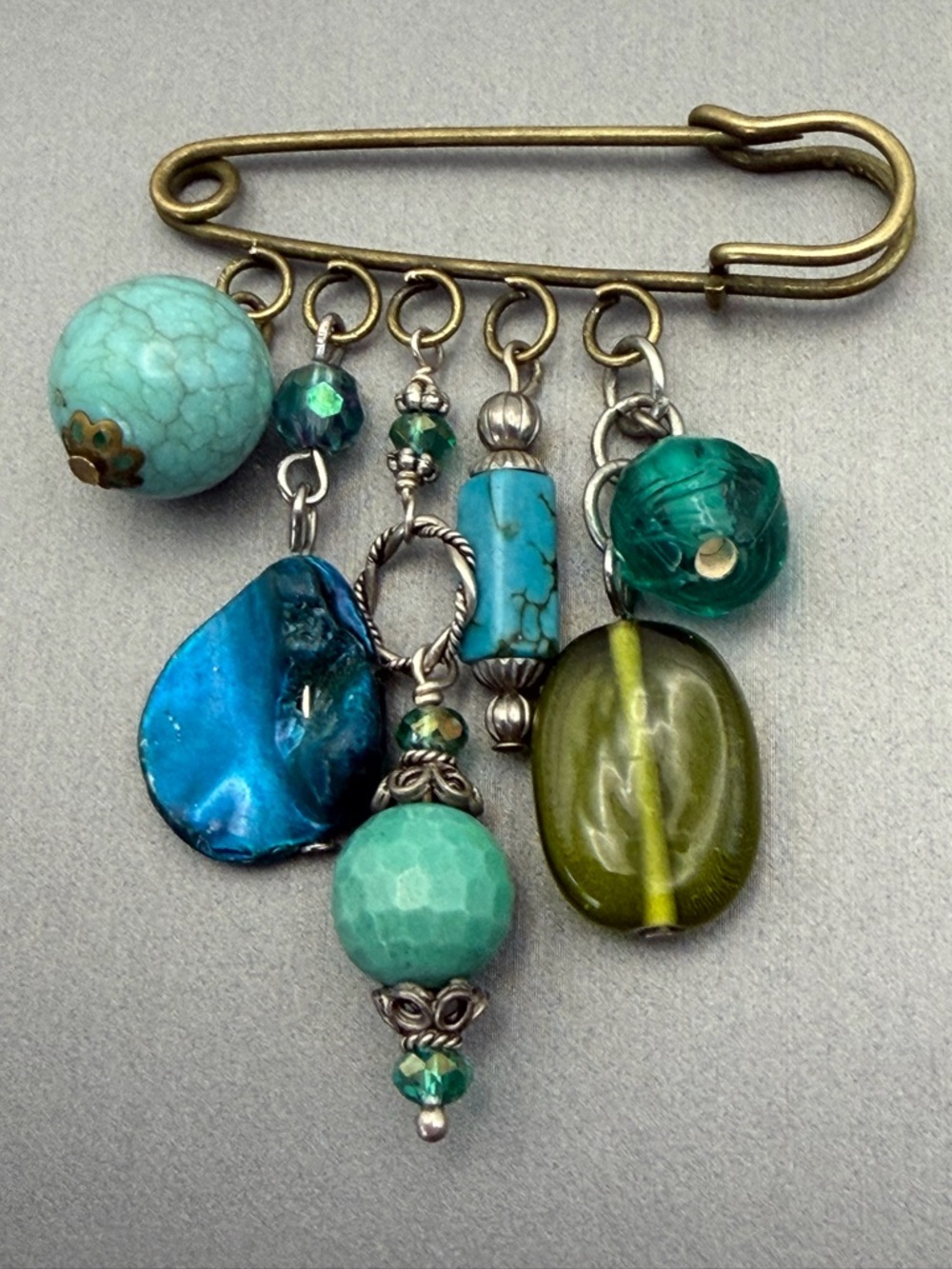 Turquoise Green & Teal Charm Safety Pin Brooch Silver Tone